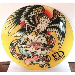 Ed Hardy Eagle on Skull Glass Yellow Wall Bar Clock 14"